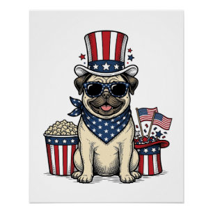 Póster Camisa de Cachorro com Desenho de Pug Patriótico V