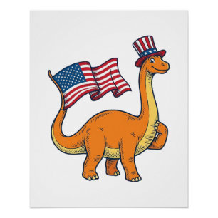 Póster Camisa de Dinossauro Patriótico com Gravura Vintag