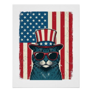 Póster Camisa de Gato Patriota com Gravura Vintage_