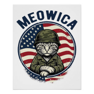 Póster Camisa de Gato Patriótico Meowica com Desenho Vint