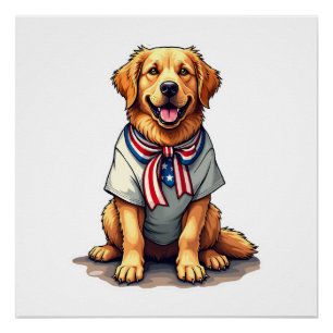 Póster Camisa de Gravura Vintage Cão Dourado Patriótico 2