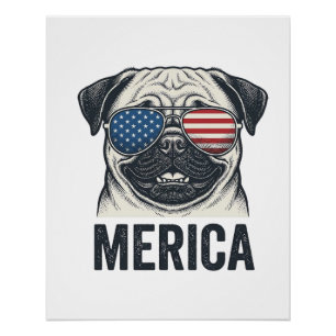 Póster Camisa de Gravura Vintage Patriótica Pug Merica De