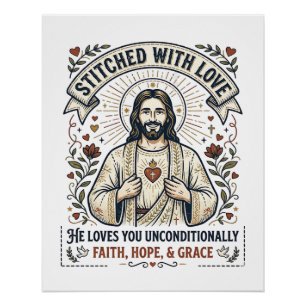 Póster Camisa de Jesus Costurando Bordado Gráfico Cristão