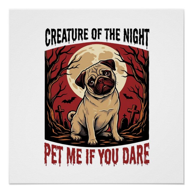 Póster Camisa de Pug do Halloween com Cemitério Assustado (Frente)