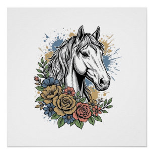 Póster Camisa de Vetor Floral de Cavalo Gravado Vintage D