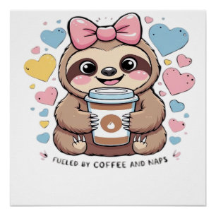 Póster Camisa engraçada de amante de café de preguiça fof