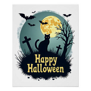 Póster Camisa Feliz Dia das Bruxas com Gato no Cemitério