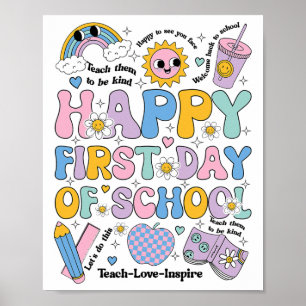 Poster Camisa Feliz Primeiro Dia de Aula Groovy Rainbow C
