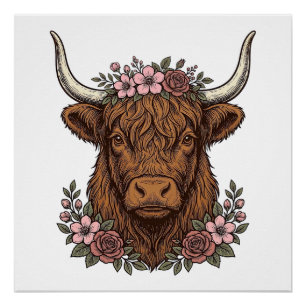 Póster Camisa Vetorial de Vaca das Terras Altas Florais V