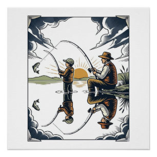 Póster Camisa Vintage com Gravura de Pai e Filho Pescando