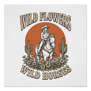 Póster Camisas Western de Cowgirl Flores Selvagens Cavalo