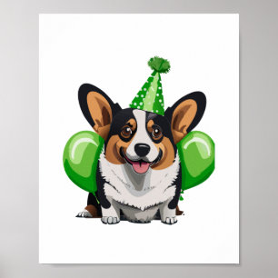 Poster Camiseta Clássica de Aniversário Verde Corgi