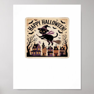 Poster Camiseta Clássica Feliz Dia das Bruxas Gato Preto