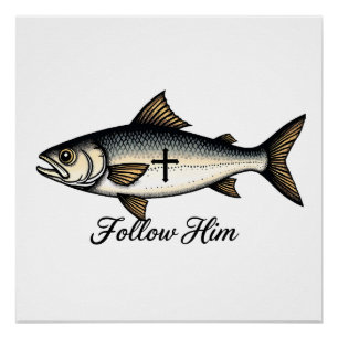 Póster Camiseta Cristã com Gravação Antiga de Peixe de Je