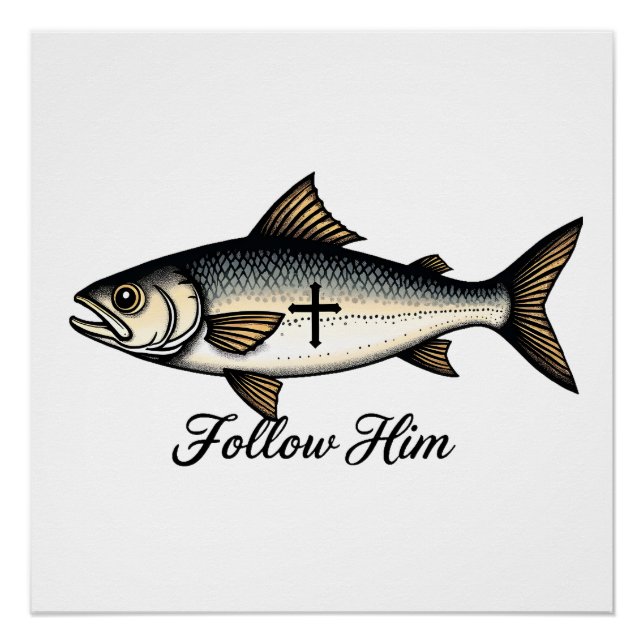 Póster Camiseta Cristã com Gravação Antiga de Peixe de Je (Frente)