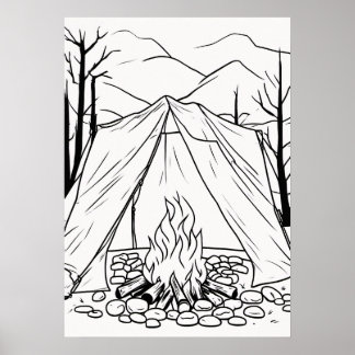 Poster Camiseta de arte linear de fogueira de acampamento