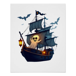 Póster Camiseta de Halloween Navio Fantasma Pirata � Assu