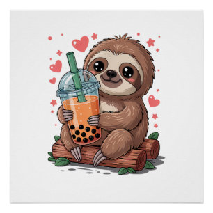 Póster Camiseta de Sloth Bebendo Chá Boba Bubble Kawaii