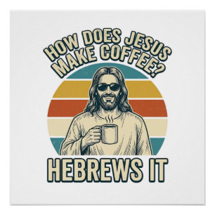 Póster Camiseta Engraçada Jesus Café Desenho Antigo_