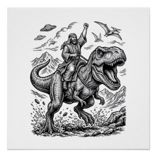 Póster Camiseta Gráfica com Cavaleiro de Dinossauro em Es