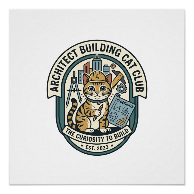 Póster Camiseta Gráfica de Gato de Arquiteto Construindo  (Frente)