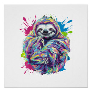Póster Camiseta Gráfica Divertida de Preguiça Colorida Ar