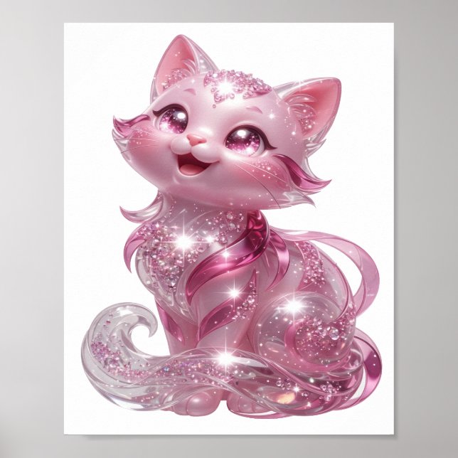 Poster Camiseta Personalizada GATO com BRILHO ROSA Prata  (Frente)