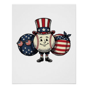 Póster Camiseta Vetorial Vintage Trio de Beisebol Patriot