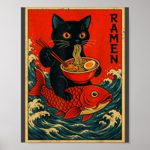 Poster Camisetas Gráficas Japonesas Black Cat Ramen Para