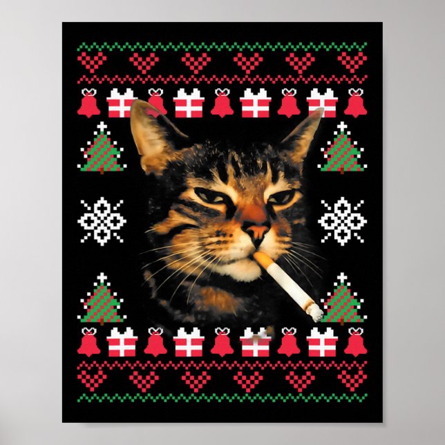 Poster Camisola de Natal Feia de Gato Fumante Meme Engraç (Frente)
