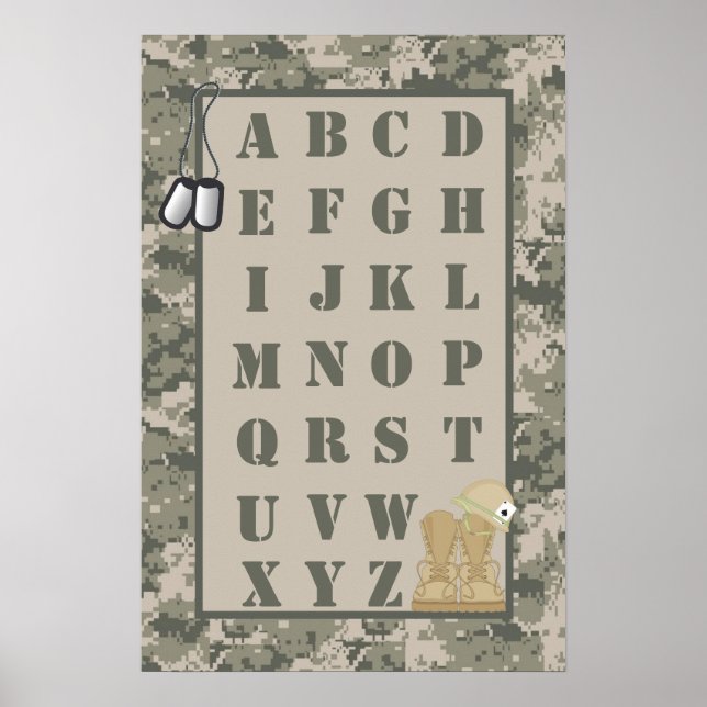 Póster Camoflauge 16x24 Nursery Art ABC Chart ARMY ACU (Frente)