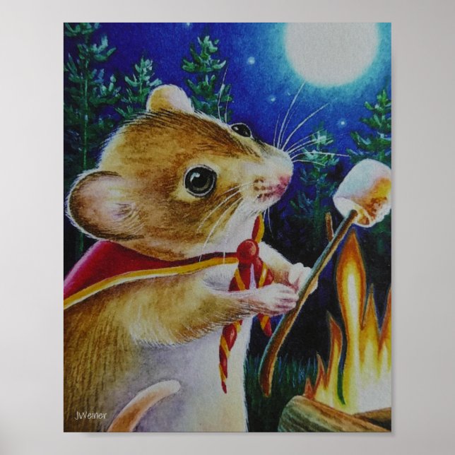 Poster Camper Mouse Roasting Marshmallow Art 8x10 (Frente)