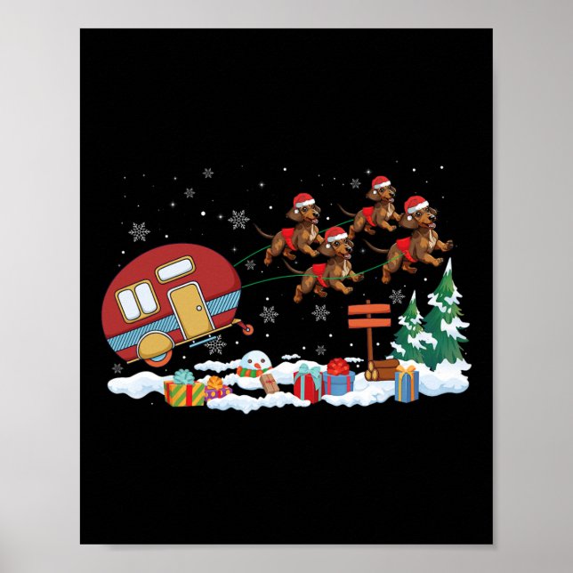 Poster Camper Van Dachshund Dog Sleigh Santa Hat Christma (Frente)