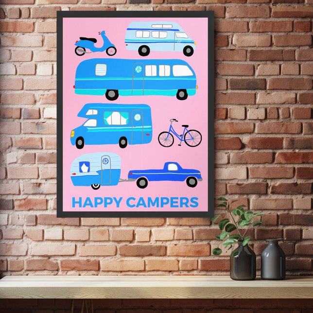 Poster CAMPERS FELIZES! Campervan Vanlife RV Trailer rosa (HAPPY CAMPERS! Campervan Vanlife RV Trailer Pink Poster
)
