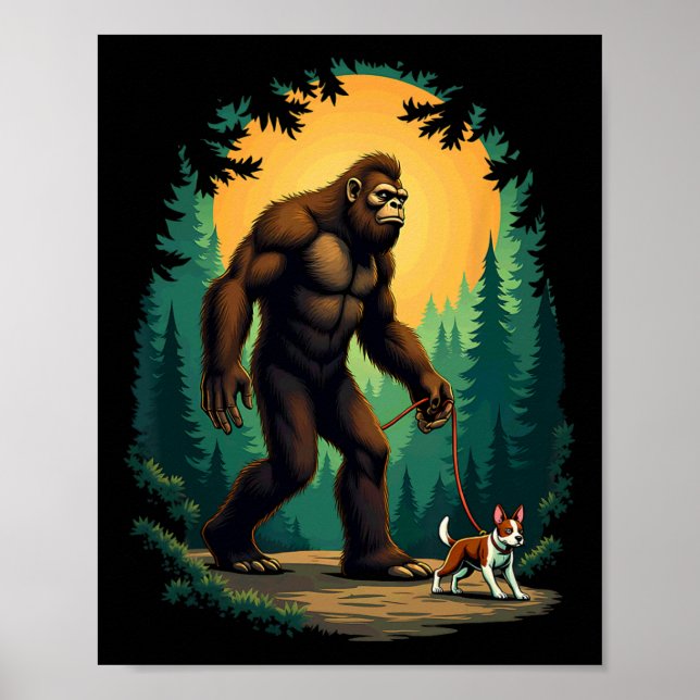 Poster Camping Hiking Bigfoot Walking With Boston Terrier (Frente)