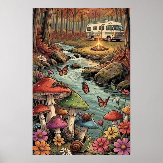 Poster Camping Retrô, Cogumelos, Riacho e Flores (Frente)