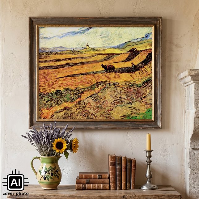 Póster Campo com Lavrador e Moinho por Vincent van Gogh (Field with Ploughman and Mill by Vincent van Gogh is a vintage fine art post impressionism painting.)