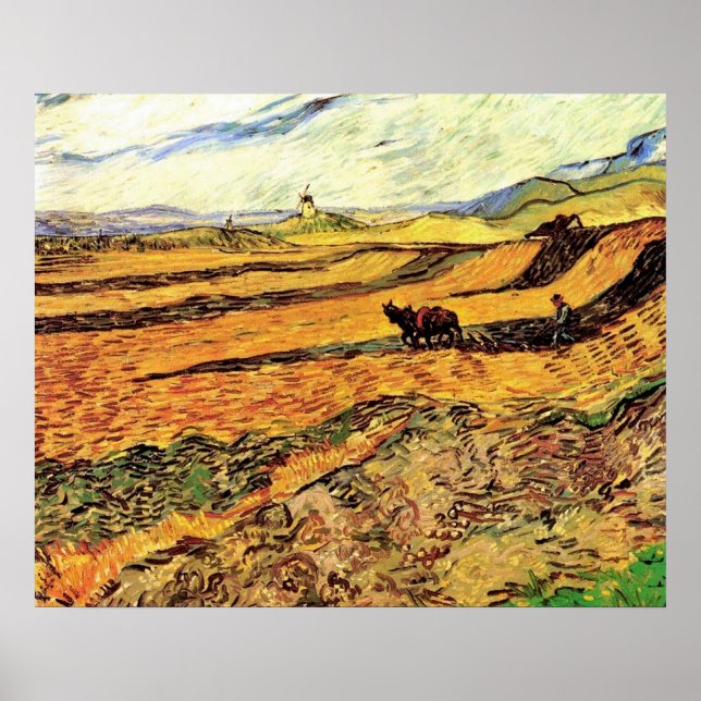 Poster Campo com Plowman e Mill Vincent van Gogh (Frente)