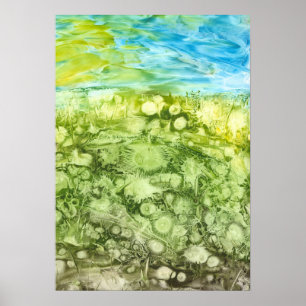 Poster Campo de Dente-de-Leão Pintado à Mão e Céu Azul
