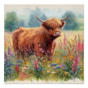 Póster Campo de flor selvagem de Vaca do planalto