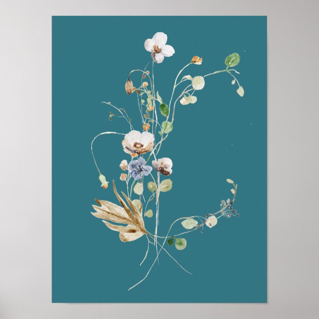 Poster Campo De Flor Silvestre Azul Turquesa Aquarela (Frente)