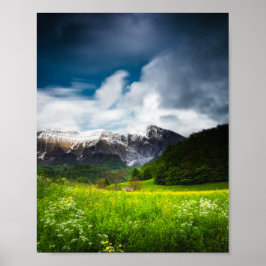 Poster Campo de flores da primavera sob a montanha Krn
