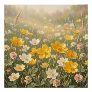 Póster Campo de flores silvestres amarelas ensolaradas, b
