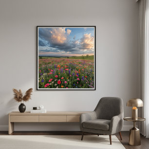 Póster Campo de Flores Silvestres Vibrantes ao Pôr do Sol