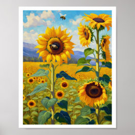 Poster Campo de girassol com abelhas ocupadas Art 8x10