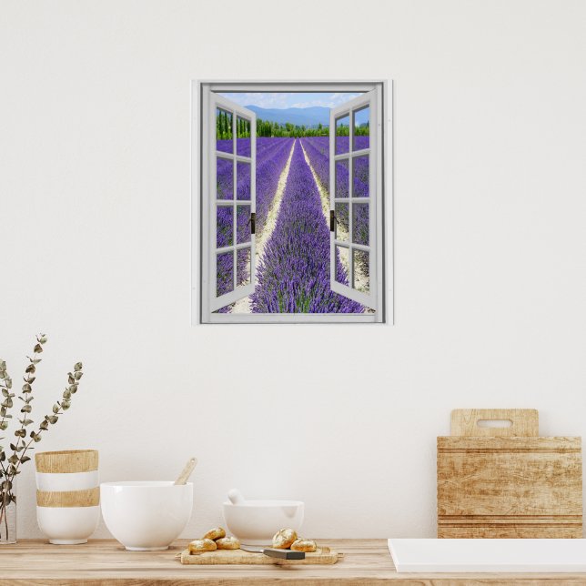Póster Campo de Lavanda Vista de Janela Falsa (Cozinha)