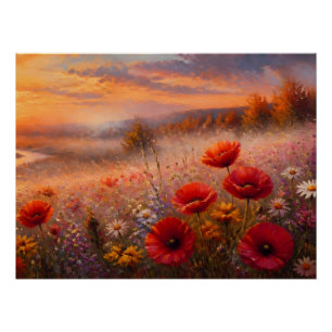 Póster Campo de Papoulas ao Pôr do Sol Pintura Impression