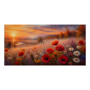 Póster Campo de Papoulas ao Pôr do Sol Pintura Impression