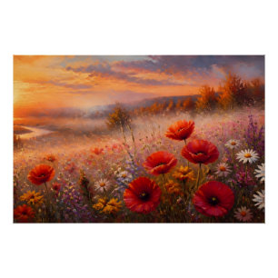 Póster Campo de Papoulas ao Pôr do Sol Pintura Impression