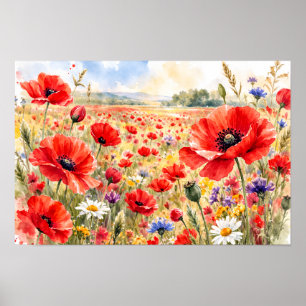 Poster Campo de Papoulas - Papoula em Aquarela